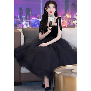 European And American Style Women's Black Velvet Halter Evening Dress Ball Gown One Shoulder Mid Length Graduation Party Dress - Product Image 3