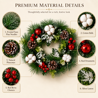 Karangan Bunga Natal Buatan Berlapis Es dengan Bola Kapas, Buah Pinus, dan Hiasan Bola Beri Merah, Tahan Lama, Dapat Digunakan Kembali, Dekorasi Dalam & Luar Ruangan