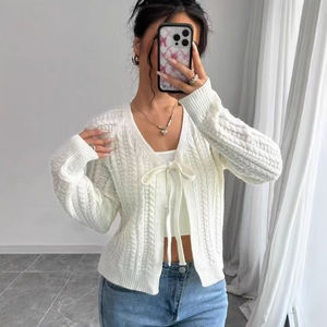 Cárdigan de diseño de punto de cordel con <span class=keywords><strong>cuello</strong></span> en V desabotonado, nuevo suéter blanco informal Vintage con correa de lazo para <span class=keywords><strong>mujer</strong></span> - Product Image 1
