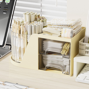 <b>Rotating</b> Pen Holder With Drawers Desktop Storage Box For Makeup Brushes And Cosmetics Organizer <b>Desk</b> Shelf - Product Image 2
