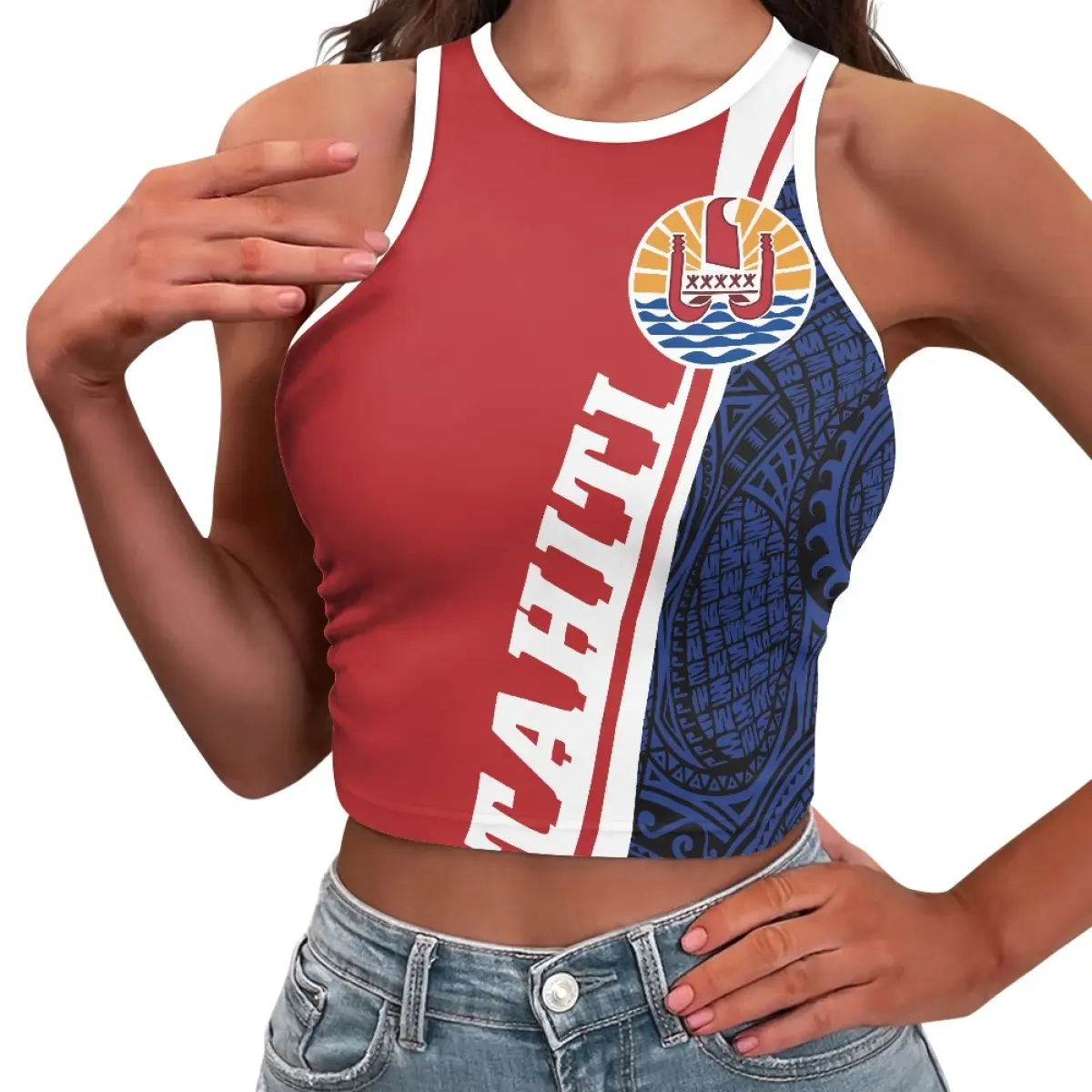 Personalized Tahiti Design Tight Midriff Vest For Women Full Customized Ladies Sleeveless Crop Tops T Shirt OEM Manufacture