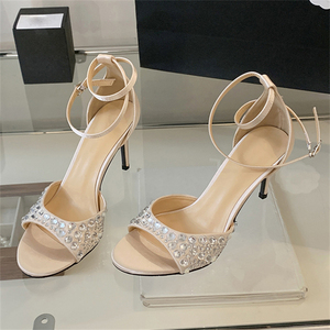 Sandalias de tacón de aguja con pedrería para mujer, estilo sexy, con punta abierta, de una sola tira, negras, a la moda, con remaches, para verano, nupciales - Product Image 5