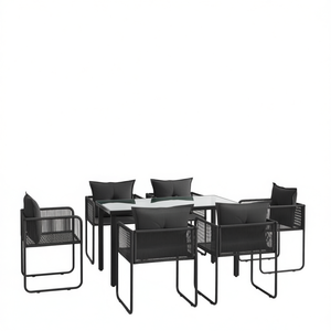 Ensemble de salle à manger de jardin, structure en acier noir, plateau en verre, rotin PE, mobilier d'extérieur, 6 places, design élégant - Product Image 1