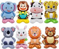 8 ballons en feuille d'aluminium en forme d'animaux debout avec base - Lion, ours, vache, singe, koala, tigre, éléphant, lapin, thème de la faune de la jungle
