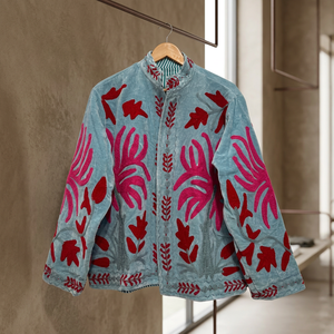 Women's Light Blue Velvet Embroidered <b>Jacket</b> With Red Floral Pattern Full Sleeve <b>Mandarin</b> <b>Collar</b> Open Closure Autumn Style - Product Image 1