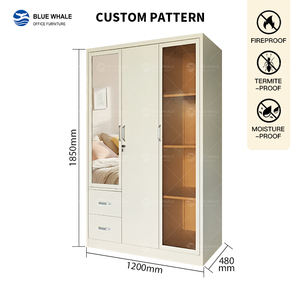 Armoire de chambre en acier laminé à froid, 3 portes battantes, demi-miroir, 2 tiroirs, verre café, anti-humidité, anti-termite, rangement - Product Image 2