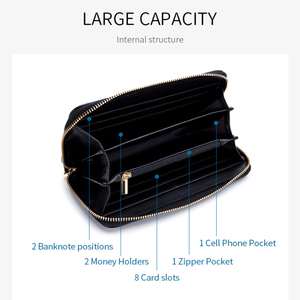 Cartera <span class=keywords><strong>de</strong></span> mujer RFID <span class=keywords><strong>de</strong></span> fábrica, tipo clutch largo, gran capacidad, con clip para billetes, bolsillo para teléfono, venta al por mayor, con cremallera, tarjetero múltiple para señora - Product Image 4