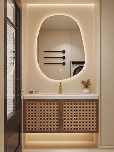 Lavabo Monoblocco in Acrilico Puro Kolinai Importato in Stile Giapponese, Set <span class=keywords><strong>Mobile</strong></span> <span class=keywords><strong>Bagno</strong></span> e Lavabo in Vimini e Rovere Stile Wabi-sabi - Product Image 1
