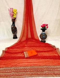 Sari imprimé Georgette Silk Leheriya avec belle broderie et dentelle pour mariage et fête des femmes indiennes - Product Image 2