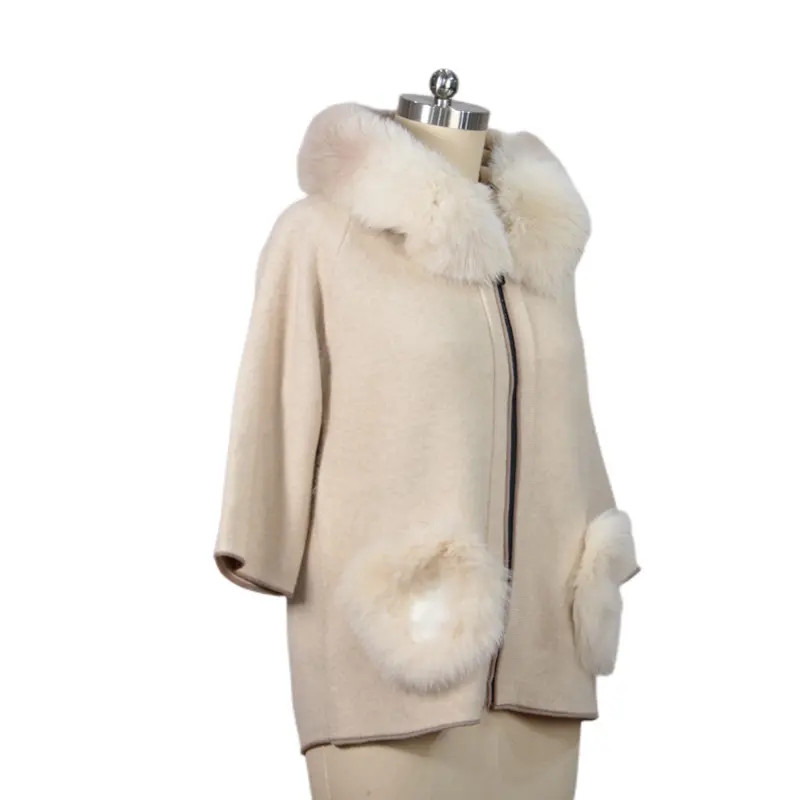 Spring Fashion Cute Soft Fur Trim Zipper Knit Coat Short Sleeve Women