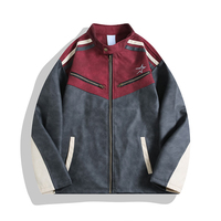 Blouson de moto pour homme, rouge bordeaux et gris, à col montant, brodé d'étoiles, imperméable, style aviateur décontracté, vente en gros