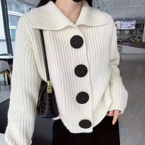 Cardigã Feminino de Tricô Estilo Coreano Outono Inverno Casual Respirável Liso Solto Descontraído com Botões Frontais - Product Image 1