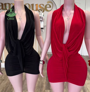 Nouvelle robe courte pour femmes Sexy Deep V Halter Neck Backless Hip Ficelle Mini Robes - Product Image 1
