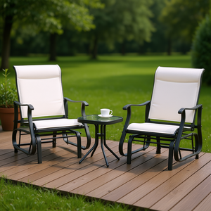 Cream White Garden Set Gliding Chair Steel Frame Tempered Glass <b>Tabletop</b> Outdoor Patio Furniture - Product Image 2