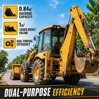 Chargeuse-pelleteuse JCB-3CX d'occasion à double fonction, 7,8 tonnes, paire de godets de 0,84 m³, chargement frontal et creusement arrière pour diverses tâches de construction