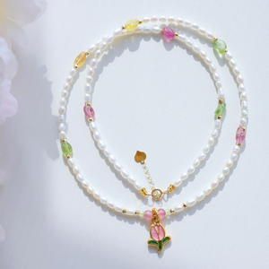 Delicate Sweet Cute 18K Gold Tulip <strong>Pendant</strong> Natural Freshwater <strong>Pearl</strong> Tourmaline Fine Beaded <strong>Necklace</strong> - Product Image 1