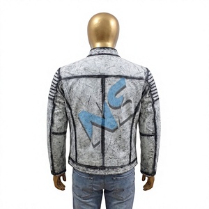 <b>White</b> Leather <b>Biker</b> <b>Jacket</b> Men Distressed Stand Collar Vintage Front Logo Embossed - Product Image 2