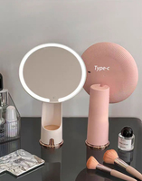 Miroir de maquillage personnalisé rechargeable avec éclairage LED Porte-brosse cosmétique Poignée de table pour application de maquillage