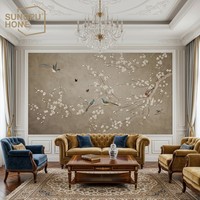 Papier peint personnalisé SUNGPU Chinoiserie Chaleureuse Écologique Non-tissé Motif Plumier et Pie pour Hôtel, Salon de Thé, Maison