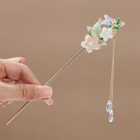 Élégante Pince à Cheveux de Style Chinois avec Pompon, Bâtonnet à Cheveux Traditionnel à Motif Floral, Accessoire de Coiffure, Bijou pour Femme, Épingle à Cheveux, Aiguille à Cheveux