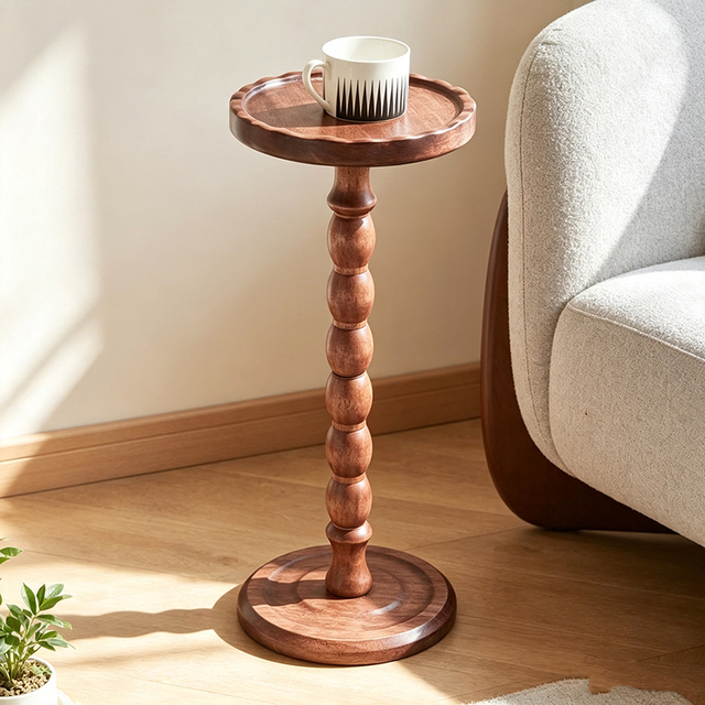 Vintage Bobbin Leg Round Wooden Accent Table, Wavy Tray Top Tall Slim Sofa Side End Table for Living Room Bedroom Home Decor