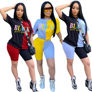 Mujer Casual 2 piezas traje de manga corta carta impresión camisetas <span class=keywords><strong>Faldas</strong></span> Pantalones cortos conjunto - Product Image 1