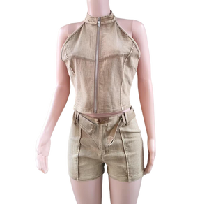 Ultimo Design: Set di Jeans da <span class=keywords><strong>Donna</strong></span> Lavati in Khaki e Nero, Top Senza Maniche con Cerniera e Pantaloncini in <span class=keywords><strong>Denim</strong></span>, Completo 2 Pezzi - Product Image 4