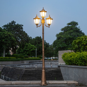 Brass Garden Lamp Post Three Glass Shades Solar Powered <b>Motion</b> <b>Sensor</b> <b>LED</b> Warm White <b>Light</b> IP54 Outdoor Fixture 3500K 5000lm - Product Image 2