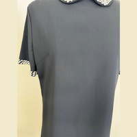 Gaun Mini Hitam Wanita Berhias Kristal Rhinestone Kerah Peter Pan Lengan Pendek Model A-Line untuk Pesta Koktail Malam Hari