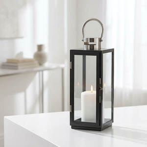 Lanterne porte-bougie en métal noir brillant et argenté à double tonalité pour la décoration et l'éclairage professionnels - Product Image 3
