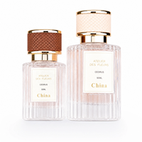 Flacon de parfum en verre côtelé vertical de haute qualité 30ml 50ml avec bouchon à vis, rechargeable, pour emballage de soins de la peau, en stock, avec étiquette