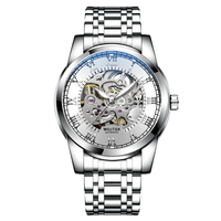 Reloj Mecánico de Lujo para Hombre, Diseño Transparente Dorado con Correa Casual de Acero Inoxidable, Reloj de Pulsera Moderno