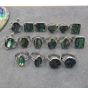 Hot selling cute turtle shape natural abalone shell silver plated rings popular jewelry paua shell geometric rings adjustable