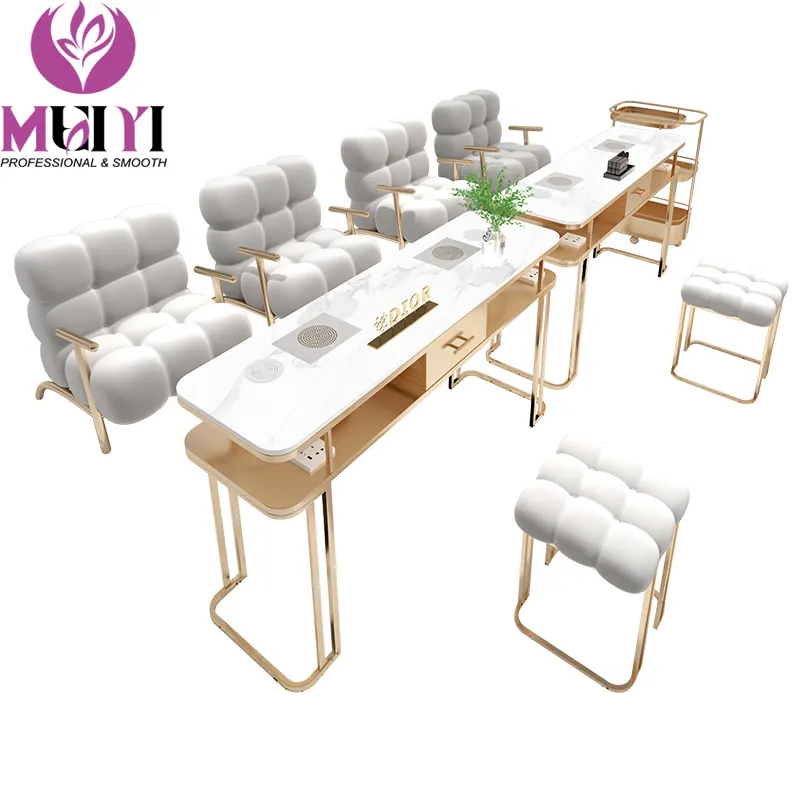 Equipo y herramientas para salón de belleza, MESA DE MANICURA doble de latón y silla, mesa de mármol para uñas con colector de polvo