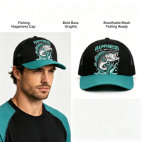 Cappello Trucker Bicolore Nero e Verde con Ricamo 'Happiness Quote' per Pesca e Attività all'Aperto
