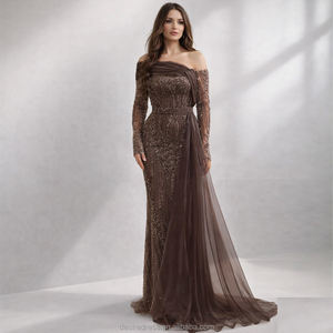 MD50076 Vestido de Noche Elegante y Moderno de Manga Larga Color Marrón con Adornos de Cuentas Sofisticados y Falda Lateral Elegante para Ocasiones Formales - Product Image 1