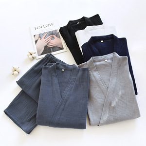 Nouvel ensemble de pyjama japonais pour <span class=keywords><strong>homme</strong></span>, couleur unie, deux pièces, <span class=keywords><strong>Yukata</strong></span> pour couple, ample, manches longues, pour la sudation, tenue d'intérieur - Product Image 4