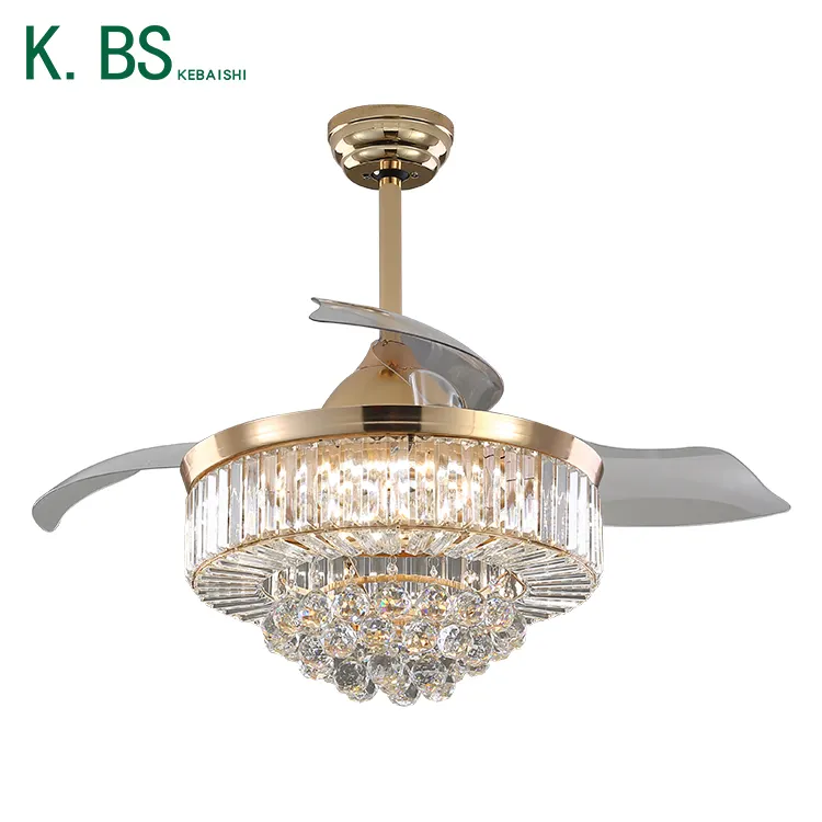 Home Restaurant Decorative 42Inch Gold K9 Retractable Crystal Chandelier Ceiling Fan With Led Light