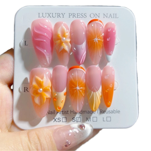 Lot de 10 faux ongles à presser en ABS, faits main, style français 3D, <span class=keywords><strong>orange</strong></span>, courts, avec strass, design rétro de luxe, forme amande, couverture complète pour les doigts - Product Image 1