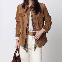 Veste utilitaire marron personnalisée Jancoco pour femme, col court, en daim de chèvre véritable, pour l'automne et l'hiver