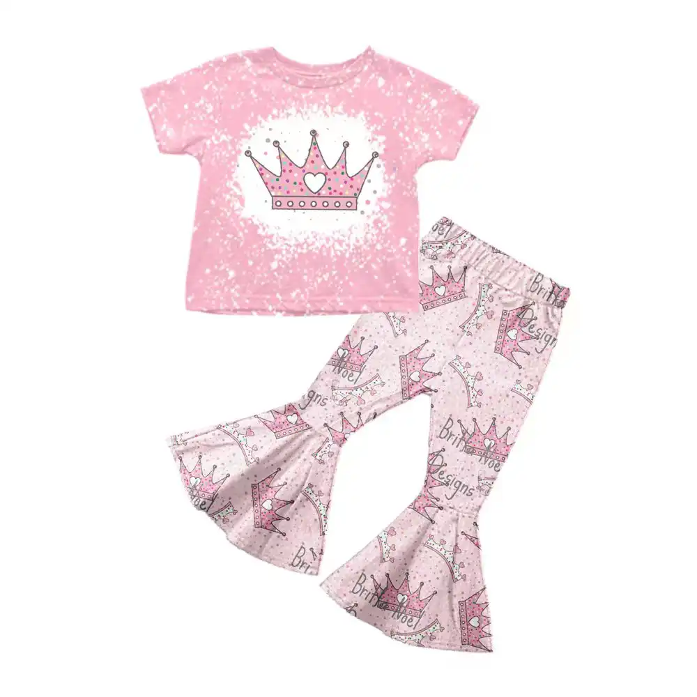 2022 Baby Girls Boutique Outfits Fashion Short Sleeve Tee Shirt Top Bell Bottom Pants Princess Pink Outfits Clothing Children