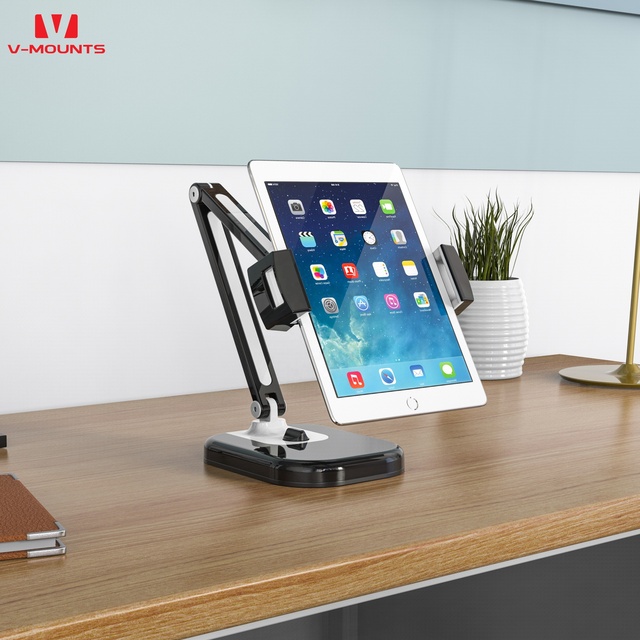 V-mounts Metal Ergonomic Angle Height Adjustable Arm Holder with Base Mount for iPad Tablet VM-PAD16 360 Rotation 180 Swivel