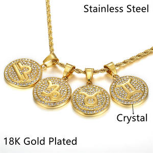 Mode 12 <span class=keywords><strong>astrologie</strong></span> <span class=keywords><strong>complet</strong></span> cristal rond disque 18k plaqué or en acier inoxydable signe zodiaque pendentif collier pour hommes - Product Image 2