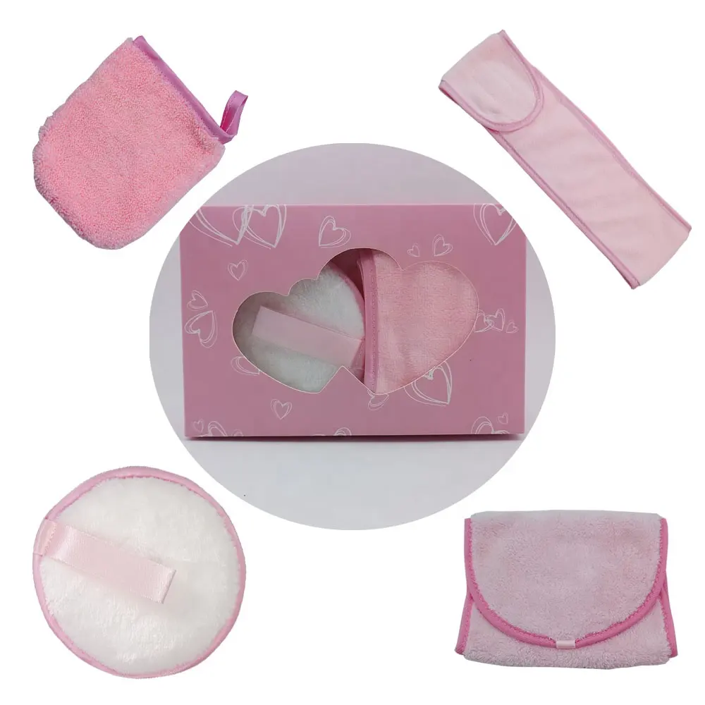 Pink Kit Make-up Entferner Private Label Make-up Produkt Mikro faser Make-up Entferner Handtücher Pads Stirnband und Handschuhe