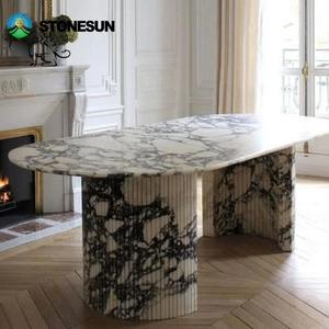 Table à manger ovale en marbre Calacatta Viola naturel de luxe StoneSun avec base semi-cylindrique, veines violettes, pierre pour meubles de maison - Product Image 5