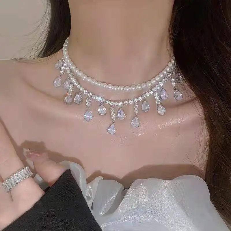 Luxe Vrouwen Koperen Sieraden Sexy Kristal Zilver Diamant Druppel Franje Ketting Sieraden Parel Zirkoon Choker Ketting