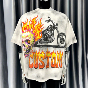 T-shirt surdimensionné personnalisé pour homme, motif crâne flamboyant, manches courtes, imprimé graphique, style motard, col rond, en coton jersey - Product Image 1
