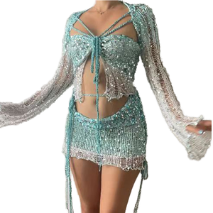 Ensemble pull tricoté personnalisé, simple, ample, mi-long, imprimé, boutonné, écologique, respirant, avec perles scintillantes, pour femme, idéal vacances et plage - Product Image 1