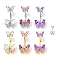 Anneau de nombril en acier inoxydable avec zircon incrusté de diamants, motif papillon, bijoux de piercing pour femme, vente en gros