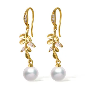 New Products Best Selling Earring Designs Gold Plated Zircon Earrings Korean Long Leaf Shell Pearl Jewellery